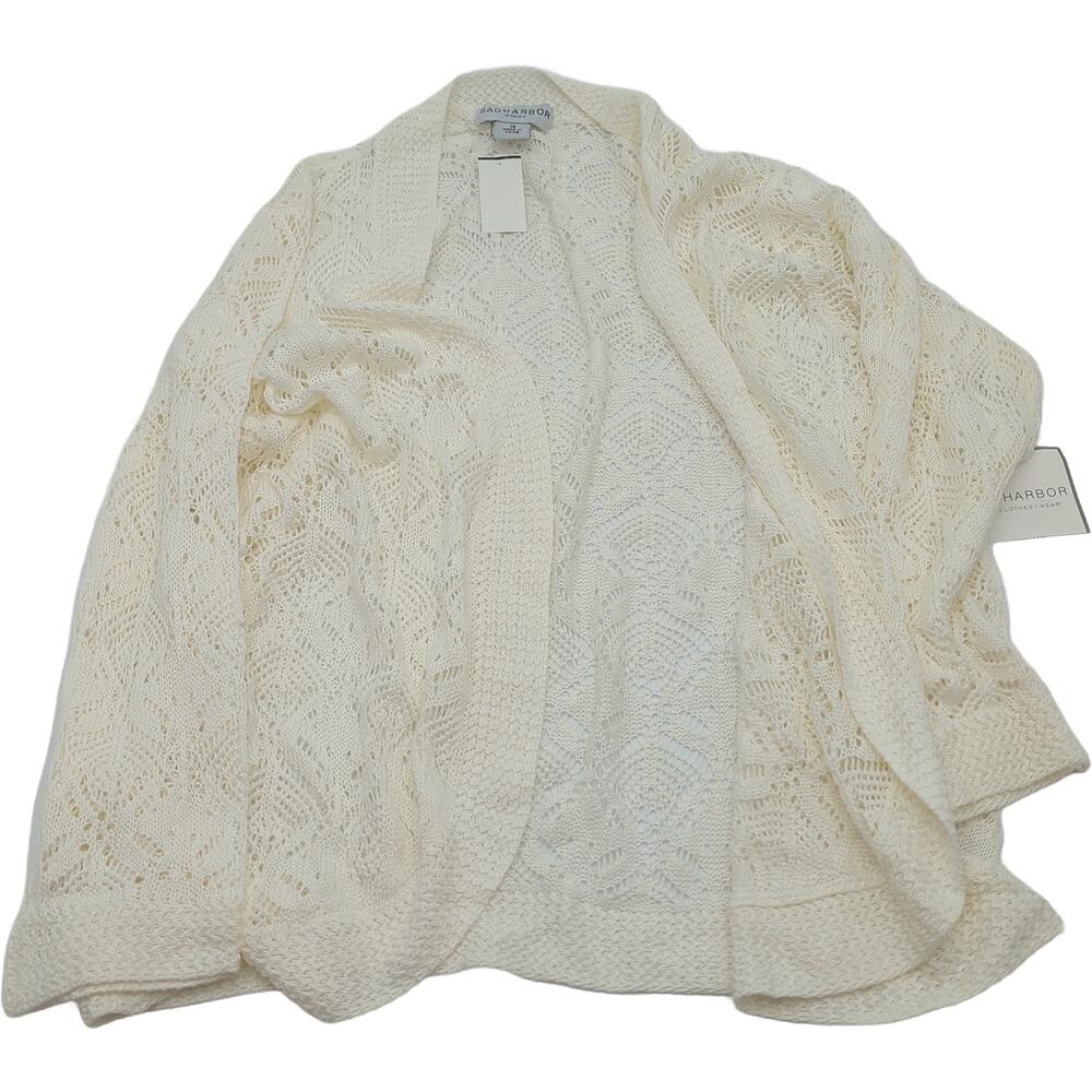 SAGHARBOR 1X Open-Front Crochet Cardigan Sweater NWT, Cream